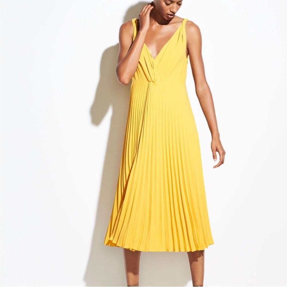 VINCE Pleated Twist Front Midi Dress in Limonata Yellow size 6 NWT